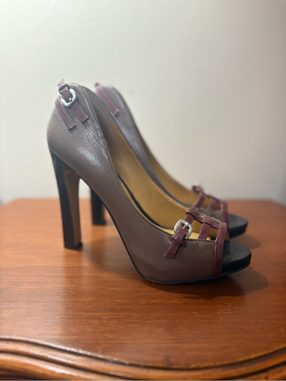 Nine West Brown Leather Peep-Toe Heels with Burgundy Straps